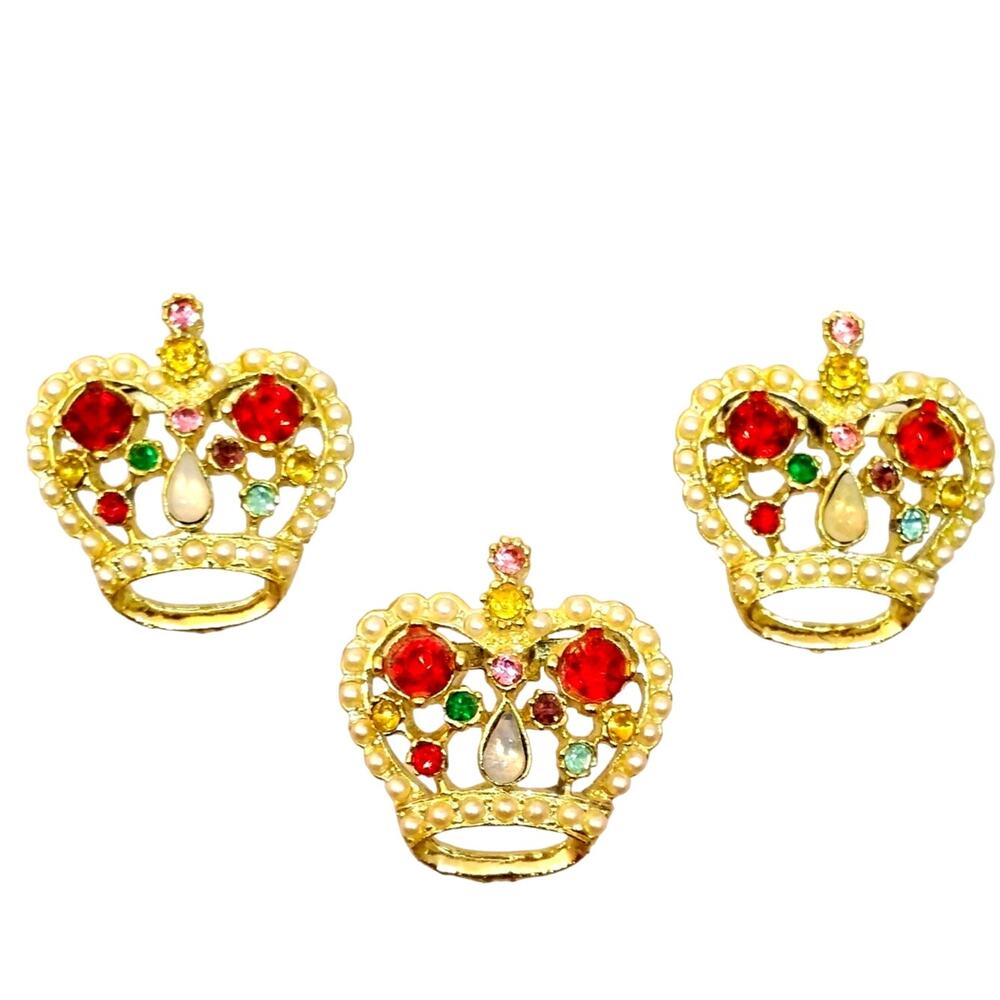 Crown Rhinestone Brooch 3 Small Scatter Pins Faux Gold Pearls & Opal Vintage 60s